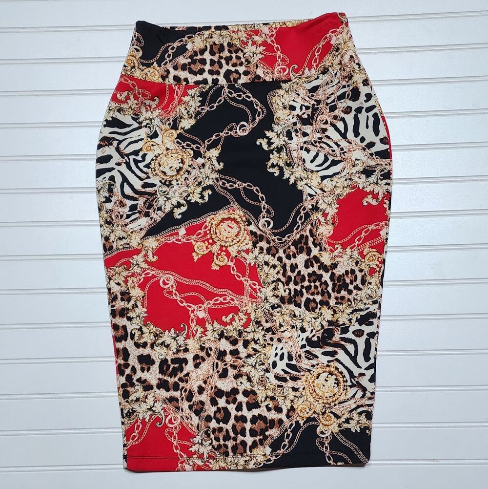 Thalia Sodi Women's Animal Print & Chains Pencil Skirt Size S Red Black Cream
